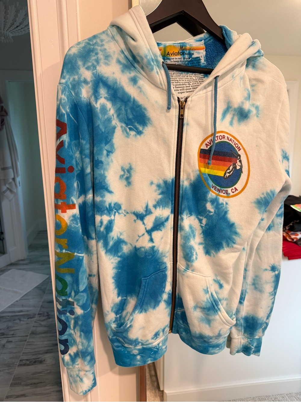 Aviator Nation Blue & White Tie-Dye Hoodie with Rainbow Patch
